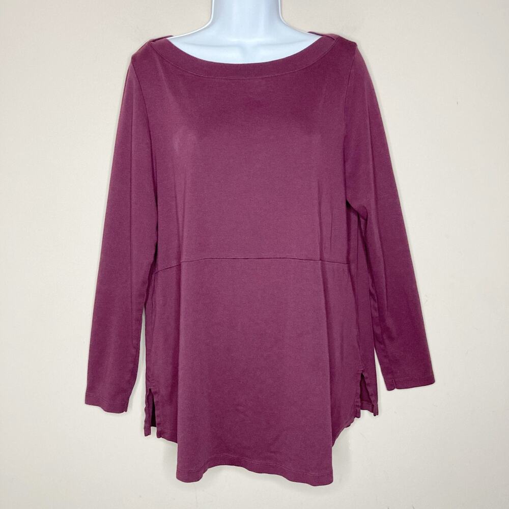 J. Jill L Pima Perfection Shirttail Tunic Top Boat Neck Slit Hem Long Sleeve
